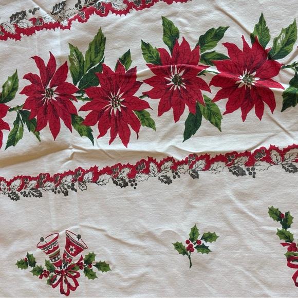 Vintage Festive Poinsettia Holiday Tablecloth - Picture 2 of 5
